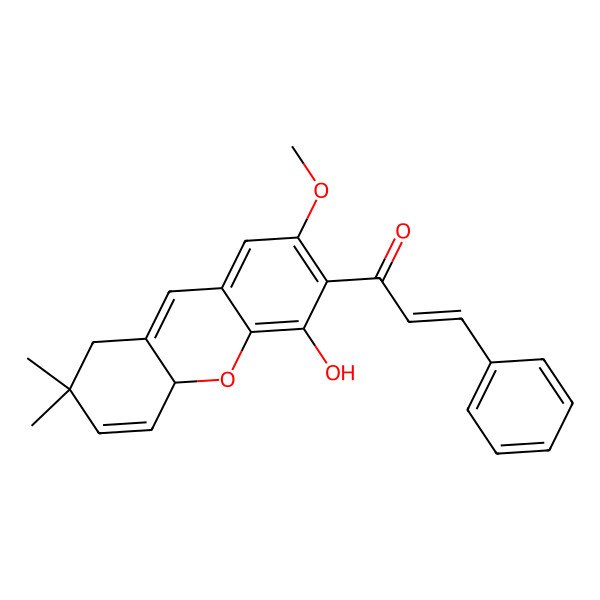 2D Structure of (E)-1-[(10aR)-4-hydroxy-2-methoxy-7,7-dimethyl-8,10a-dihydroxanthen-3-yl]-3-phenylprop-2-en-1-one