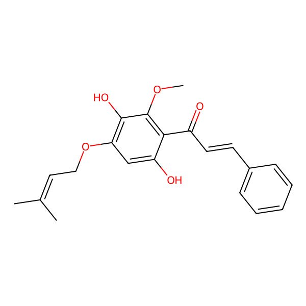 2D Structure of (E)-1-[3,6-dihydroxy-2-methoxy-4-(3-methylbut-2-enoxy)phenyl]-3-phenylprop-2-en-1-one