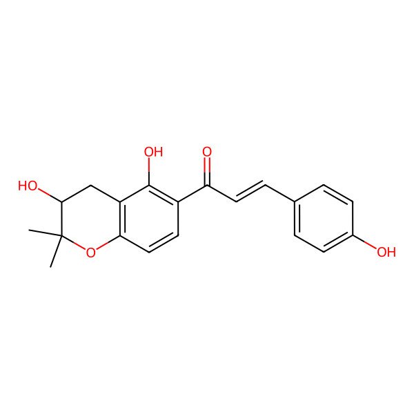 2D Structure of (E)-1-[(3R)-3,5-dihydroxy-2,2-dimethyl-3,4-dihydrochromen-6-yl]-3-(4-hydroxyphenyl)prop-2-en-1-one