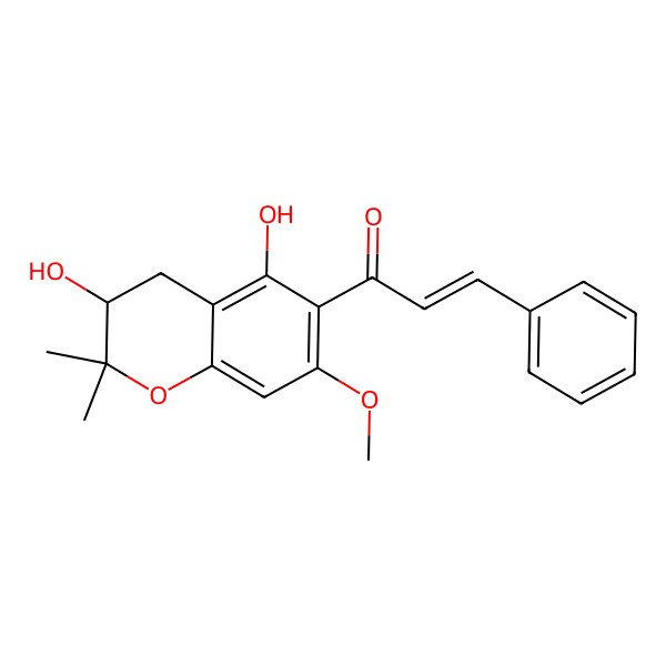 2D Structure of (E)-1-[(3R)-3,5-dihydroxy-7-methoxy-2,2-dimethyl-3,4-dihydrochromen-6-yl]-3-phenylprop-2-en-1-one