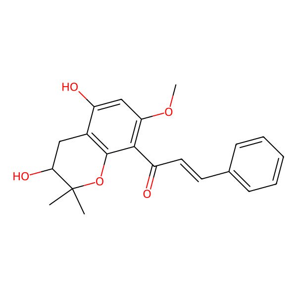 2D Structure of (E)-1-[(3R)-3,5-dihydroxy-7-methoxy-2,2-dimethyl-3,4-dihydrochromen-8-yl]-3-phenylprop-2-en-1-one