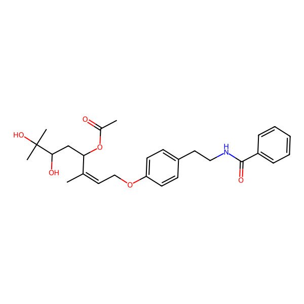 2D Structure of [(E)-1-[4-(2-benzamidoethyl)phenoxy]-6,7-dihydroxy-3,7-dimethyloct-2-en-4-yl] acetate