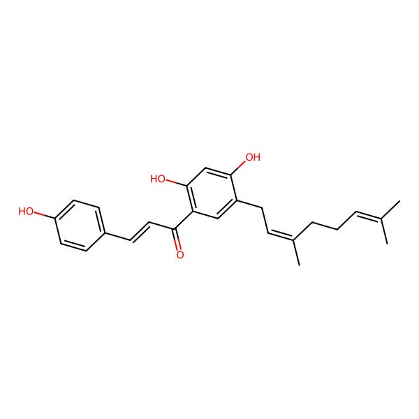 2D Structure of (E)-1-[5-[(2E)-3,7-dimethylocta-2,6-dienyl]-2,4-dihydroxyphenyl]-3-(4-hydroxyphenyl)prop-2-en-1-one