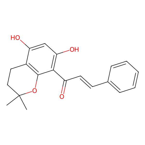 2D Structure of (E)-1-(5,7-dihydroxy-2,2-dimethyl-3,4-dihydrochromen-8-yl)-3-phenylprop-2-en-1-one 2D Structure of (E)-1-(5,7-dihydroxy-2,2-dimethyl-3,4-dihydrochromen-8-yl)-3-phenylprop-2-en-1-one