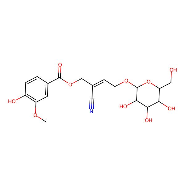 2D Structure of (E)-2-(4-Hydroxy-3-methoxybenzoyloxymethyl)-4-(beta-D-glucopyranosyloxy)-2-butenenitrile