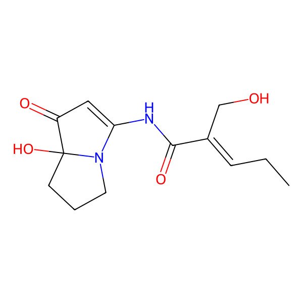 2D Structure of (E)-2-(hydroxymethyl)-N-[(8R)-8-hydroxy-1-oxo-6,7-dihydro-5H-pyrrolizin-3-yl]pent-2-enamide