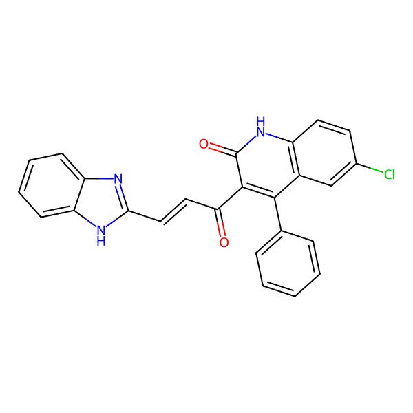 2D Structure of (E)-3-(1H-benzo[d]imidazol-2-yl)-1-(6-chloro-2-hydroxy-4-phenylquinolin-3-yl)prop-2-en-1-one