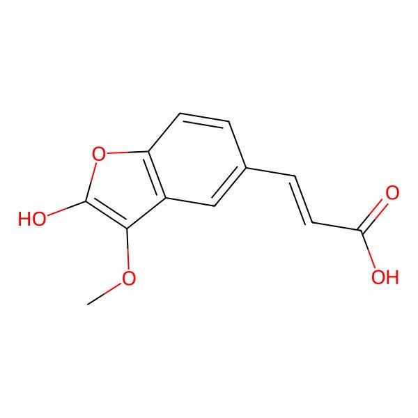 2D Structure of (E)-3-(2-hydroxy-3-methoxy-1-benzofuran-5-yl)prop-2-enoic acid 2D Structure of (E)-3-(2-hydroxy-3-methoxy-1-benzofuran-5-yl)prop-2-enoic acid