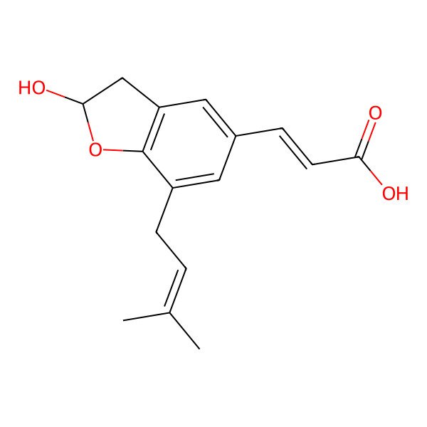 2D Structure of (E)-3-[(2S)-2-hydroxy-7-(3-methylbut-2-enyl)-2,3-dihydro-1-benzofuran-5-yl]prop-2-enoic acid