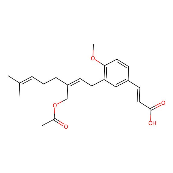 2D Structure of (E)-3-[3-[(2Z)-3-(acetyloxymethyl)-7-methylocta-2,6-dienyl]-4-methoxyphenyl]prop-2-enoic acid