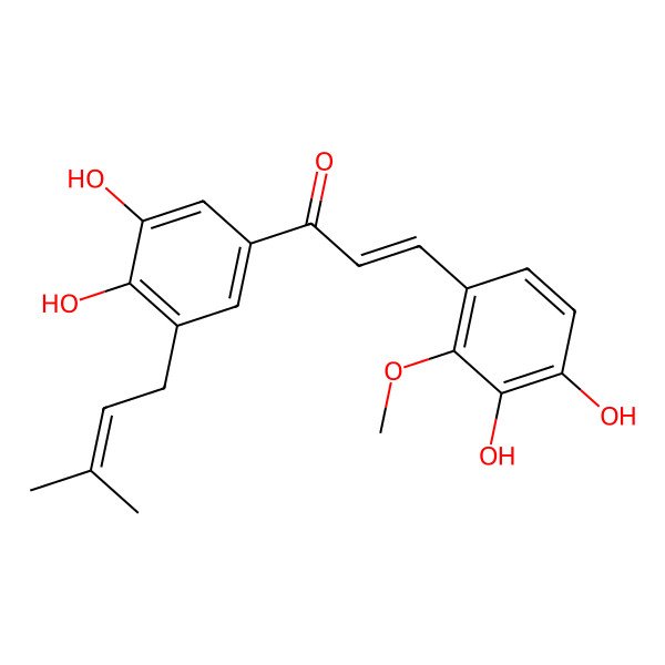2D Structure of (E)-3-(3,4-dihydroxy-2-methoxyphenyl)-1-[3,4-dihydroxy-5-(3-methylbut-2-enyl)phenyl]prop-2-en-1-one