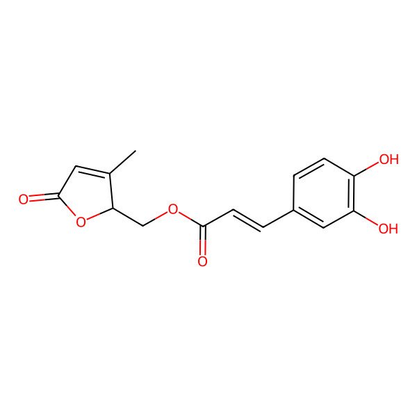 2D Structure of (E)-3-(3,4-Dihydroxyphenyl)propenoic acid [(2R)-3-methyl-2,5-dihydro-5-oxofuran-2-yl]methyl ester