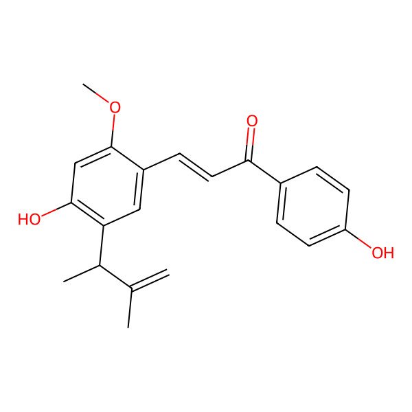 2D Structure of (E)-3-[4-hydroxy-2-methoxy-5-[(2R)-3-methylbut-3-en-2-yl]phenyl]-1-(4-hydroxyphenyl)prop-2-en-1-one