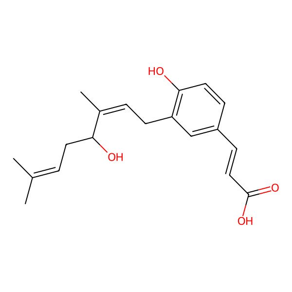 2D Structure of (E)-3-[4-hydroxy-3-[(2E,4R)-4-hydroxy-3,7-dimethylocta-2,6-dienyl]phenyl]prop-2-enoic acid