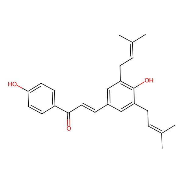 2D Structure of (2E)-3-[4-Hydroxy-3,5-bis(3-methylbut-2-en-1-yl)phenyl]-1-(4-hydroxyphenyl)prop-2-en-1-one