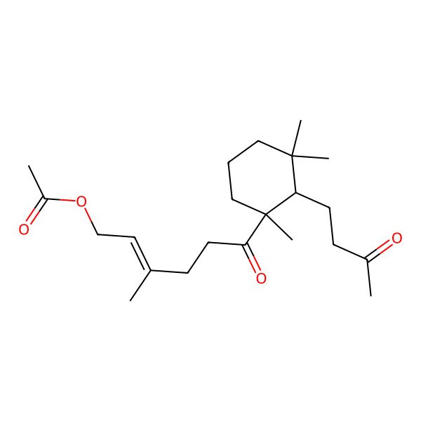 2D Structure of [(E)-3-methyl-6-oxo-6-[(1R,2R)-1,3,3-trimethyl-2-(3-oxobutyl)cyclohexyl]hex-2-enyl] acetate