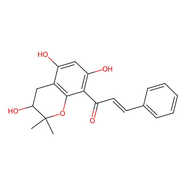 2D Structure of (E)-3-phenyl-1-[(3R)-3,5,7-trihydroxy-2,2-dimethyl-3,4-dihydrochromen-8-yl]prop-2-en-1-one