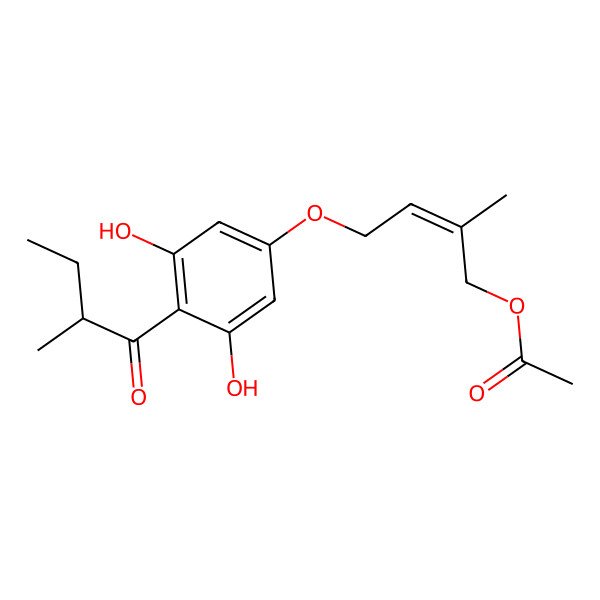 2D Structure of [(E)-4-[3,5-dihydroxy-4-[(2R)-2-methylbutanoyl]phenoxy]-2-methylbut-2-enyl] acetate