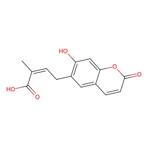 2D Structure of (E)-4-(7-hydroxy-2-oxochromen-6-yl)-2-methylbut-2-enoic acid