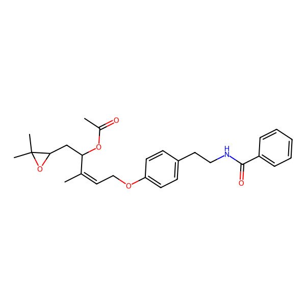 2D Structure of [(E)-5-[4-(2-benzamidoethyl)phenoxy]-1-(3,3-dimethyloxiran-2-yl)-3-methylpent-3-en-2-yl] acetate