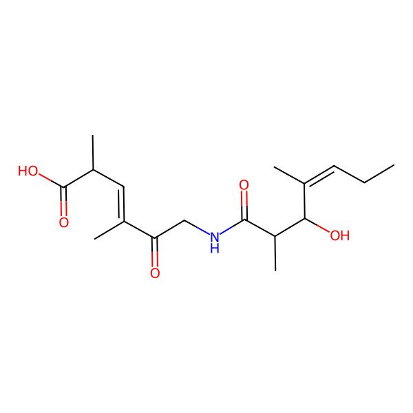 2D Structure of (E)-6-[[(E,2R,3R)-3-hydroxy-2,4-dimethylhept-4-enoyl]amino]-2,4-dimethyl-5-oxohex-3-enoic acid
