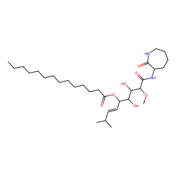 2D Structure of [(E)-6,7-dihydroxy-8-methoxy-2-methyl-9-oxo-9-[(2-oxoazepan-3-yl)amino]non-3-en-5-yl] tetradecanoate