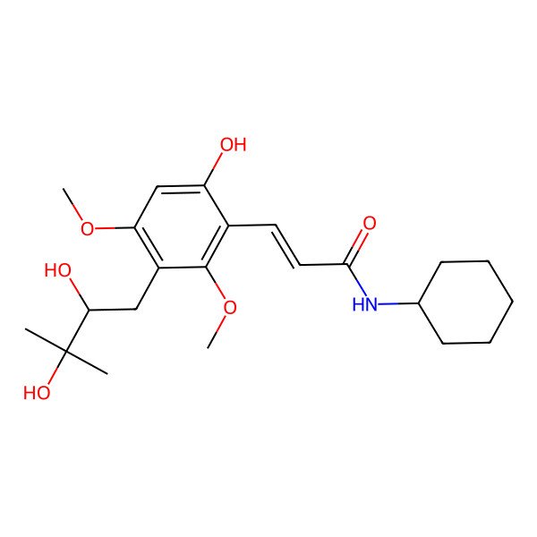 2D Structure of (E)-N-cyclohexyl-3-[3-(2,3-dihydroxy-3-methylbutyl)-6-hydroxy-2,4-dimethoxyphenyl]prop-2-enamide