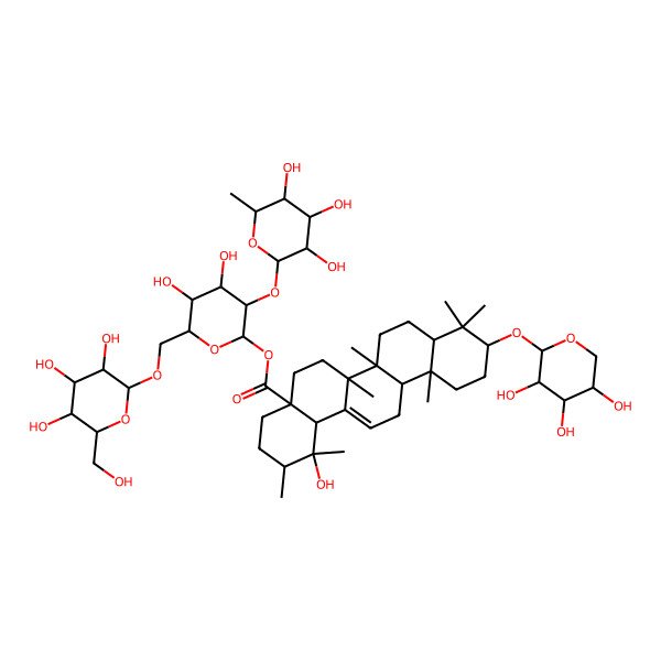 2D Structure of [4,5-Dihydroxy-6-[[3,4,5-trihydroxy-6-(hydroxymethyl)oxan-2-yl]oxymethyl]-3-(3,4,5-trihydroxy-6-methyloxan-2-yl)oxyoxan-2-yl] 1-hydroxy-1,2,6a,6b,9,9,12a-heptamethyl-10-(3,4,5-trihydroxyoxan-2-yl)oxy-2,3,4,5,6,6a,7,8,8a,10,11,12,13,14b-tetradecahydropicene-4a-carboxylate