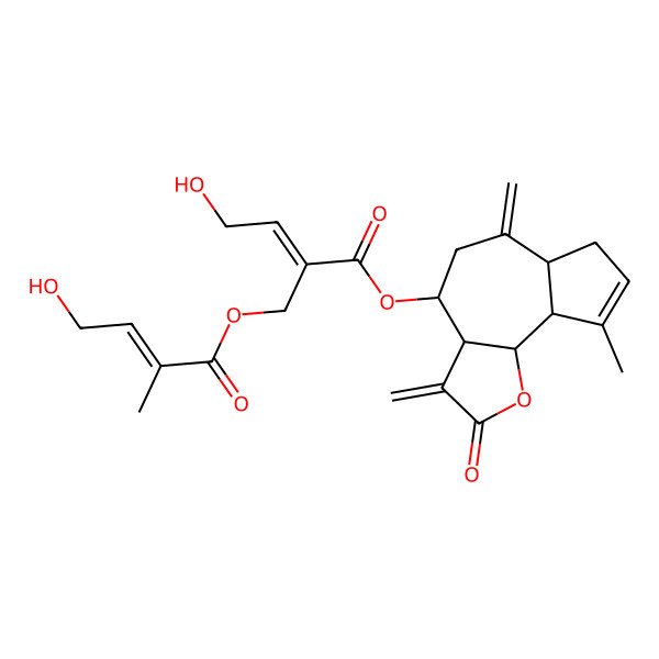 2D Structure of (9-methyl-3,6-dimethylidene-2-oxo-4,5,6a,7,9a,9b-hexahydro-3aH-azuleno[4,5-b]furan-4-yl) 4-hydroxy-2-[(4-hydroxy-2-methylbut-2-enoyl)oxymethyl]but-2-enoate
