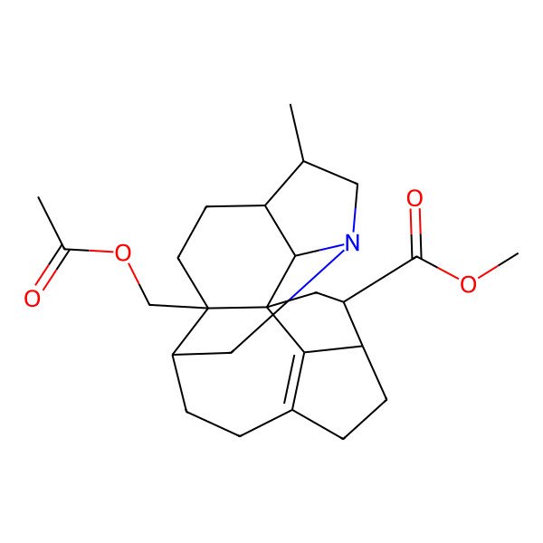 2D Structure of Methyl 18-(acetyloxymethyl)-14-methyl-12-azahexacyclo[10.6.1.11,4.010,18.015,19.07,20]icos-7(20)-ene-3-carboxylate