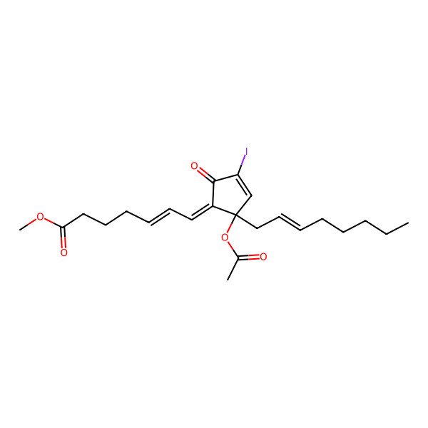 2D Structure of methyl (E,7Z)-7-[(2R)-2-acetyloxy-4-iodo-2-[(Z)-oct-2-enyl]-5-oxocyclopent-3-en-1-ylidene]hept-5-enoate