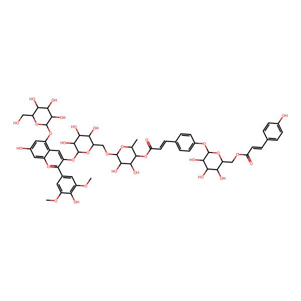 2D Structure of [(2R,3R,4S,5R,6S)-6-[4-[(E)-3-[(2S,3R,4R,5S,6R)-4,5-dihydroxy-2-methyl-6-[[(2R,3R,4R,5R,6S)-3,4,5-trihydroxy-6-[7-hydroxy-2-(4-hydroxy-3,5-dimethoxyphenyl)-5-[(2S,3R,4S,5S,6S)-3,4,5-trihydroxy-6-(hydroxymethyl)oxan-2-yl]oxychromenylium-3-yl]oxyoxan-2-yl]methoxy]oxan-3-yl]oxy-3-oxoprop-1-enyl]phenoxy]-3,4,5-trihydroxyoxan-2-yl]methyl 3-(4-hydroxyphenyl)prop-2-enoate