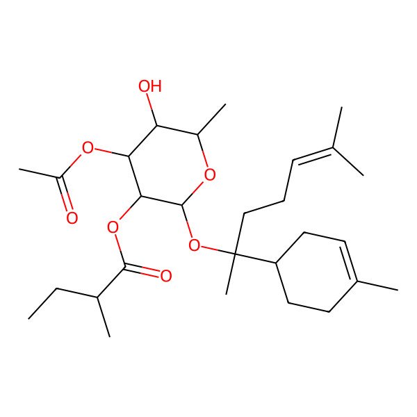 2D Structure of [(2S,3R,4S,5S,6R)-4-acetyloxy-5-hydroxy-6-methyl-2-[(2R)-6-methyl-2-[(1S)-4-methylcyclohex-3-en-1-yl]hept-5-en-2-yl]oxyoxan-3-yl] (2R)-2-methylbutanoate