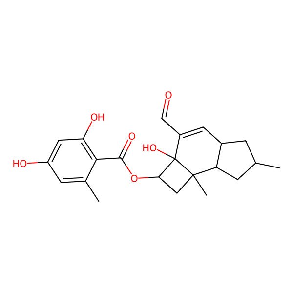 2D Structure of [(2R,2aS,4aS,6R,7aR,7bR)-3-formyl-2a-hydroxy-6,7b-dimethyl-2,4a,5,6,7,7a-hexahydro-1H-cyclobuta[e]inden-2-yl] 2,4-dihydroxy-6-methylbenzoate