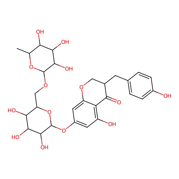 2D Structure of 5-Hydroxy-3-[(4-hydroxyphenyl)methyl]-7-[3,4,5-trihydroxy-6-[(3,4,5-trihydroxy-6-methyloxan-2-yl)oxymethyl]oxan-2-yl]oxy-2,3-dihydrochromen-4-one