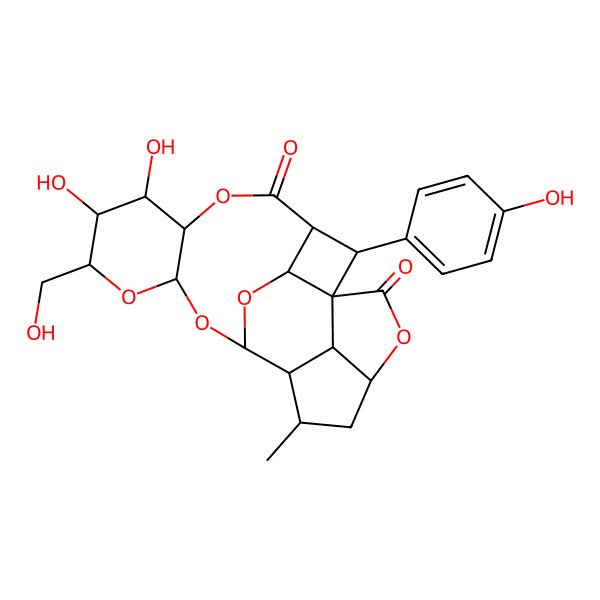 2D Structure of (1S,3S,5R,6R,7S,8R,11R,12S,13S,16S,18S,19R,21R,22S)-6,7-dihydroxy-5-(hydroxymethyl)-12-(4-hydroxyphenyl)-18-methyl-2,4,9,15,20-pentaoxahexacyclo[9.8.2.113,16.03,8.013,21.019,22]docosane-10,14-dione