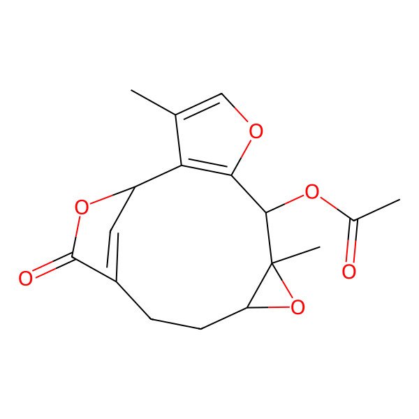 2D Structure of [(1R,7R,8R,10R)-3,8-dimethyl-14-oxo-5,9,15-trioxatetracyclo[11.2.1.02,6.08,10]hexadeca-2(6),3,13(16)-trien-7-yl] acetate