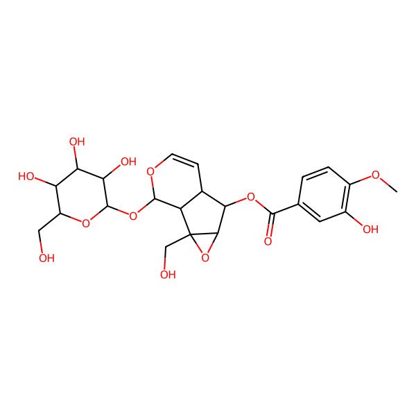 2D Structure of [(1S,2S,4S,5S,6S,10S)-2-(hydroxymethyl)-10-[(2S,3R,4S,5S,6R)-3,4,5-trihydroxy-6-(hydroxymethyl)oxan-2-yl]oxy-3,9-dioxatricyclo[4.4.0.02,4]dec-7-en-5-yl] 3-hydroxy-4-methoxybenzoate