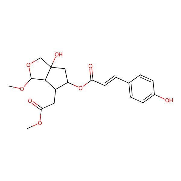 2D Structure of [(3S,3aS,4R,5R,6aS)-6a-hydroxy-3-methoxy-4-(2-methoxy-2-oxoethyl)-1,3,3a,4,5,6-hexahydrocyclopenta[c]furan-5-yl] (Z)-3-(4-hydroxyphenyl)prop-2-enoate