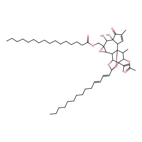 2D Structure of [(1R,2R,6S,7S,8R,10S,12R,14S,16S,17R,18R)-17-acetyloxy-6,7-dihydroxy-4,18-dimethyl-5-oxo-16-prop-1-en-2-yl-14-[(1E,3E)-tetradeca-1,3-dienyl]-9,13,15,19-tetraoxahexacyclo[12.4.1.01,11.02,6.08,10.012,16]nonadec-3-en-8-yl]methyl hexadecanoate