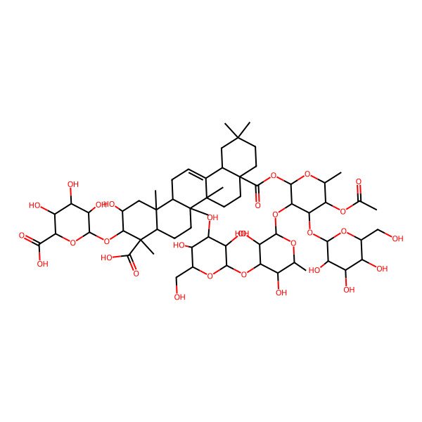 2D Structure of (2S,3S,4S,5R,6R)-6-[[(2S,3R,4S,4aS,6aR,6bS,8aS,12aS,14aR,14bR)-8a-[(2S,3R,4S,5S,6R)-5-acetyloxy-3-[(2S,3R,4R,5S,6S)-3,5-dihydroxy-6-methyl-4-[(2S,3R,4S,5S,6R)-3,4,5-trihydroxy-6-(hydroxymethyl)oxan-2-yl]oxyoxan-2-yl]oxy-6-methyl-4-[(2S,3R,4S,5S,6R)-3,4,5-trihydroxy-6-(hydroxymethyl)oxan-2-yl]oxyoxan-2-yl]oxycarbonyl-4-carboxy-2-hydroxy-4,6a,6b,11,11,14b-hexamethyl-1,2,3,4a,5,6,7,8,9,10,12,12a,14,14a-tetradecahydropicen-3-yl]oxy]-3,4,5-trihydroxyoxane-2-carboxylic acid