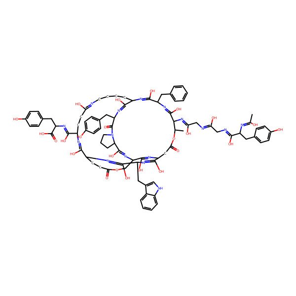 2D Structure of (2R)-2-[[[(1S,4S,10S,13S,19S,22S,25S,29R,30S,33S,44S)-33-benzyl-2,11,21,24,31,34,41,46,48-nonahydroxy-30-[[1-hydroxy-2-[[1-hydroxy-2-[[(2S)-1-hydroxy-2-(1-hydroxyethylideneamino)-3-(4-hydroxyphenyl)propylidene]amino]ethylidene]amino]ethylidene]amino]-4-[(4-hydroxyphenyl)methyl]-22-(1H-indol-3-ylmethyl)-29-methyl-5,16,27-trioxo-15,28-dioxa-3,6,12,20,23,32,35,40,45,47-decazatetracyclo[17.16.11.213,25.06,10]octatetraconta-2,11,20,23,31,34,40,45,47-nonaen-44-yl]-hydroxymethylidene]amino]-3-(4-hydroxyphenyl)propanoic acid