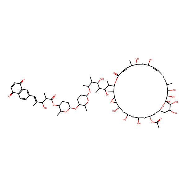 2D Structure of [6-[6-[7-(3-Acetyloxy-5,7,9,20,22,28,29,30,31,32-decahydroxy-13,19,27-trimethyl-16-oxo-11,15,34-trioxatricyclo[28.3.1.010,12]tetratriaconta-17,23-dien-14-yl)-4,6-dihydroxy-3,5-dimethyloctan-2-yl]oxy-2-methyloxan-3-yl]oxy-2-methyloxan-3-yl] 5-(5,8-dioxonaphthalen-2-yl)-3-hydroxy-2,4-dimethylpent-4-enoate