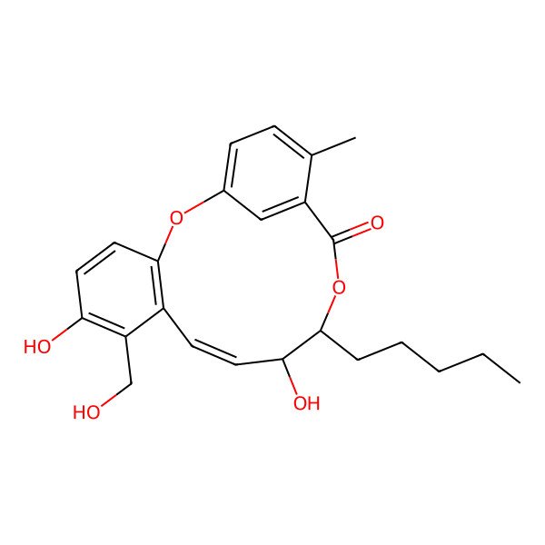 2D Structure of 6,11-Dihydroxy-7-(hydroxymethyl)-16-methyl-12-pentyl-2,13-dioxatricyclo[13.3.1.03,8]nonadeca-1(19),3(8),4,6,9,15,17-heptaen-14-one