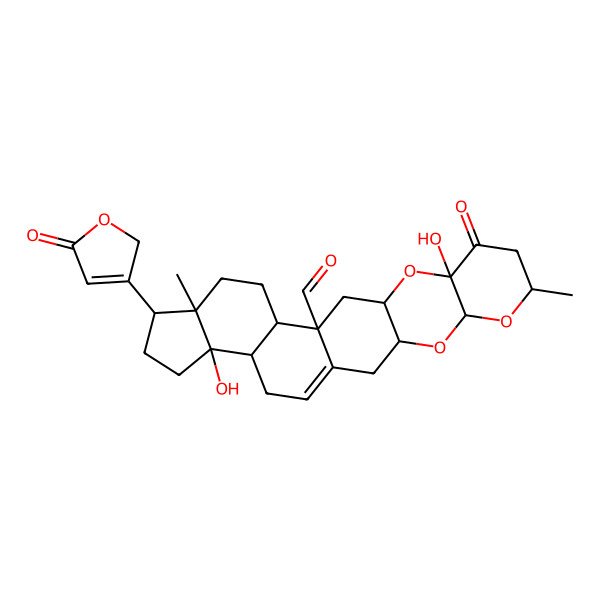 2D Structure of (3R,5S,7R,10R,12R,14S,15S,18R,19R,22S,23R)-10,22-dihydroxy-7,18-dimethyl-9-oxo-19-(5-oxo-2H-furan-3-yl)-4,6,11-trioxahexacyclo[12.11.0.03,12.05,10.015,23.018,22]pentacos-1(25)-ene-14-carbaldehyde