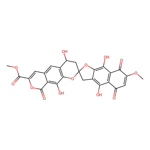 2D Structure of methyl (2R,4S)-4,4',9',10-tetrahydroxy-7'-methoxy-5',8',9-trioxospiro[3,4-dihydropyrano[4,3-g]chromene-2,2'-3H-benzo[f][1]benzofuran]-7-carboxylate