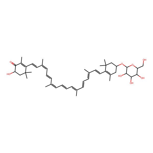 2D Structure of (6S)-6-hydroxy-2,4,4-trimethyl-3-[(1E,3E,5E,7E,9E,11E,13E,15E,17E)-3,7,12,16-tetramethyl-18-[(4R)-2,6,6-trimethyl-4-[(2R,3R,4S,5S,6R)-3,4,5-trihydroxy-6-(hydroxymethyl)oxan-2-yl]oxycyclohexen-1-yl]octadeca-1,3,5,7,9,11,13,15,17-nonaenyl]cyclohex-2-en-1-one