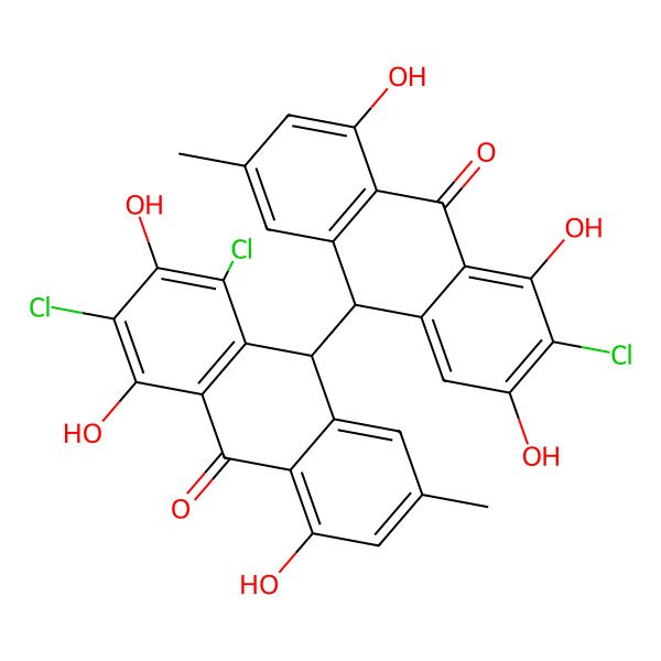 2D Structure of (10S)-2,4-dichloro-10-[(9R)-3-chloro-2,4,5-trihydroxy-7-methyl-10-oxo-9H-anthracen-9-yl]-1,3,8-trihydroxy-6-methyl-10H-anthracen-9-one