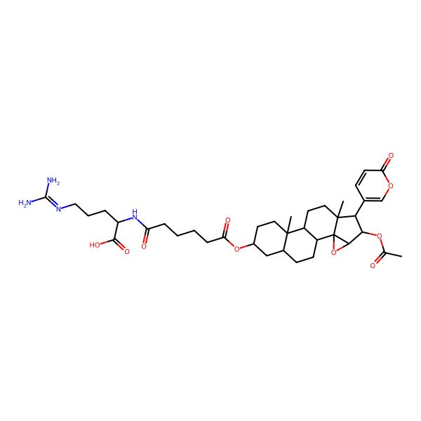 2D Structure of 2-[[6-[[5-Acetyloxy-7,11-dimethyl-6-(6-oxopyran-3-yl)-3-oxapentacyclo[8.8.0.02,4.02,7.011,16]octadecan-14-yl]oxy]-6-oxohexanoyl]amino]-5-(diaminomethylideneamino)pentanoic acid