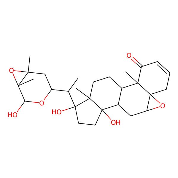 2D Structure of 12,15-Dihydroxy-15-[1-(2-hydroxy-1,6-dimethyl-3,7-dioxabicyclo[4.1.0]heptan-4-yl)ethyl]-2,16-dimethyl-8-oxapentacyclo[9.7.0.02,7.07,9.012,16]octadec-4-en-3-one